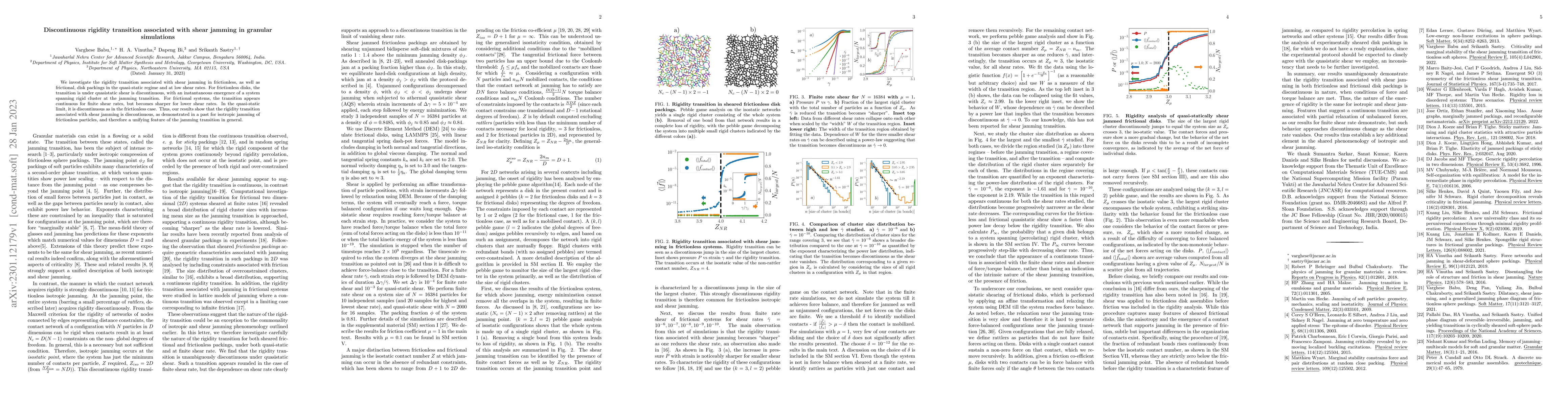 Thumbnail for Discontinuous rigidity transition associated with shear jamming in
  granular simulations