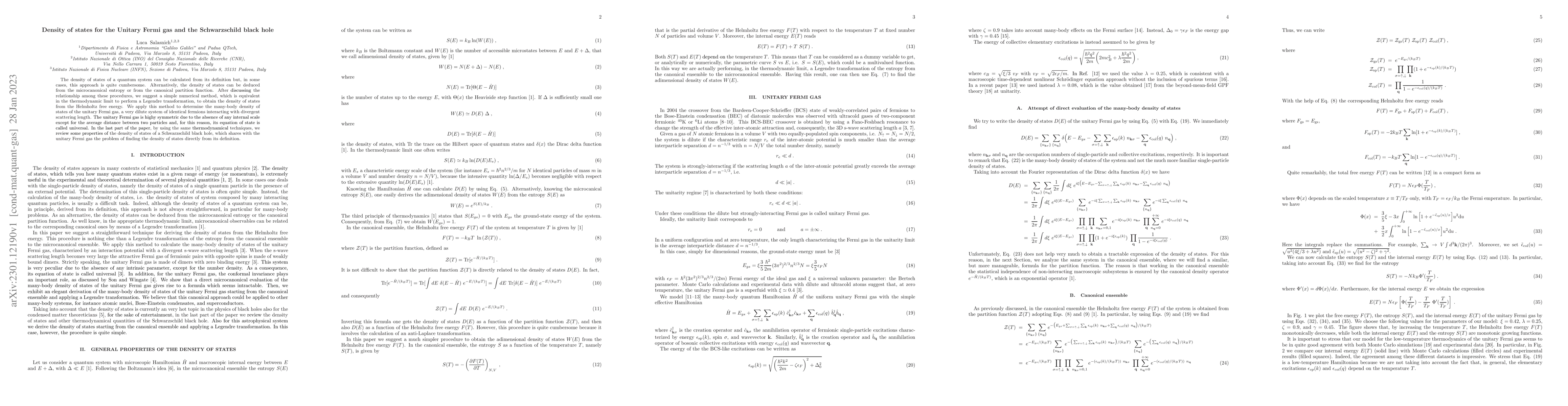 Thumbnail for Density of states for the Unitary Fermi gas and the Schwarzschild black
  hole
