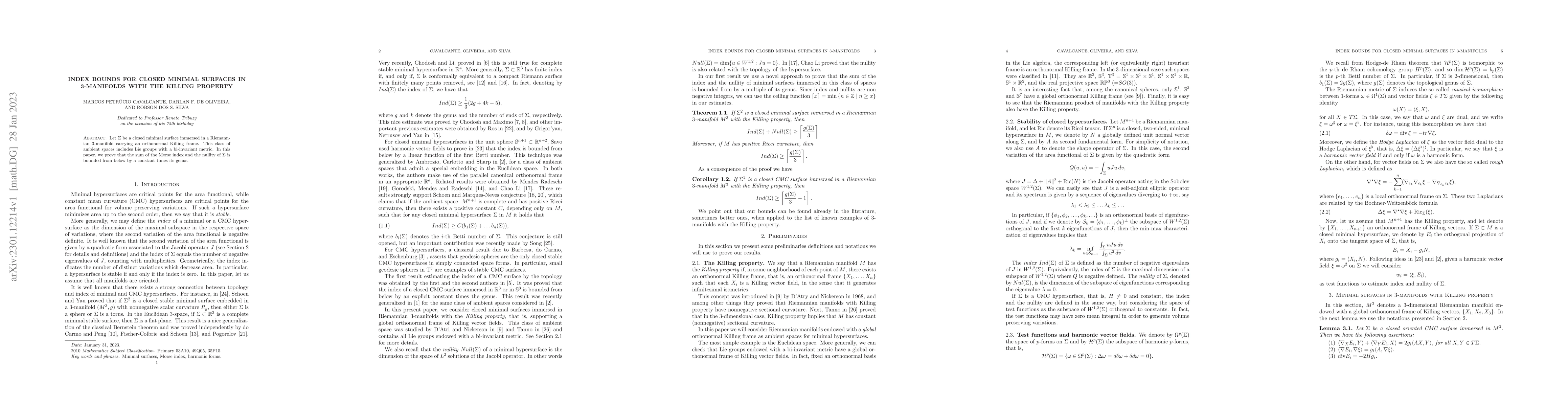 Thumbnail for Index bounds for closed minimal surfaces in 3-manifolds with the Killing
  property