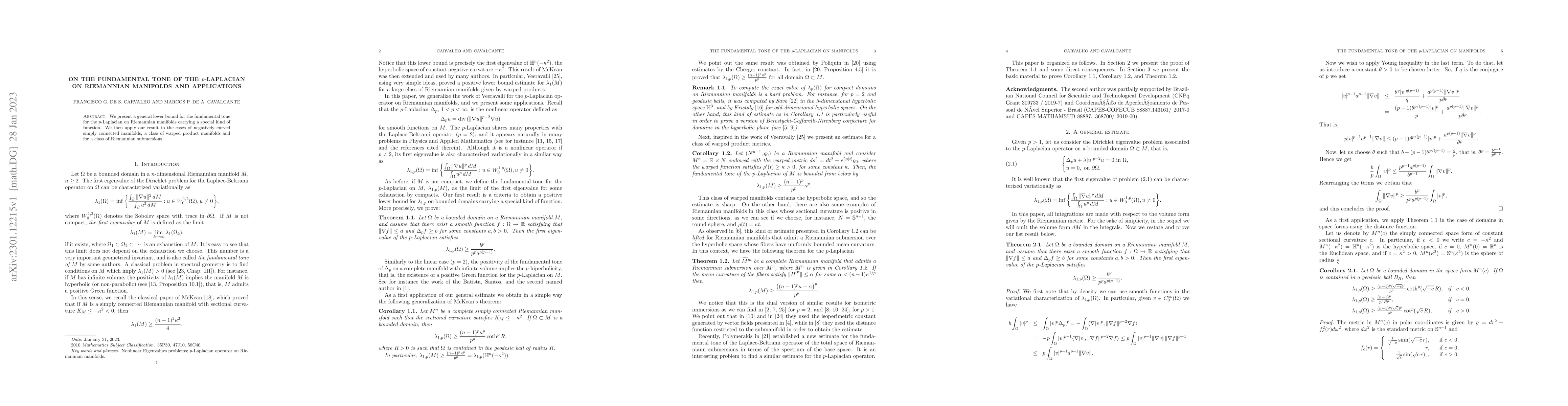 Thumbnail for On the fundamental tone of the $p$-Laplacian on Riemannian manifolds and
  applications