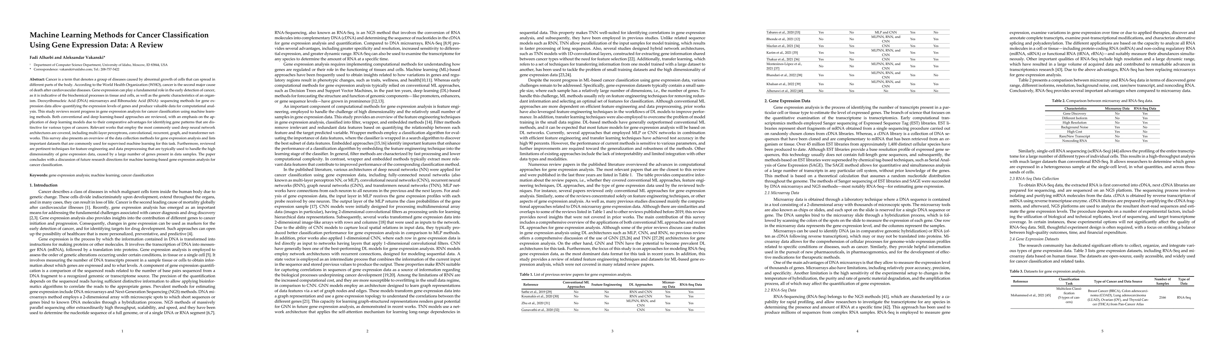 Thumbnail for Machine Learning Methods for Cancer Classification Using Gene Expression
  Data: A Review