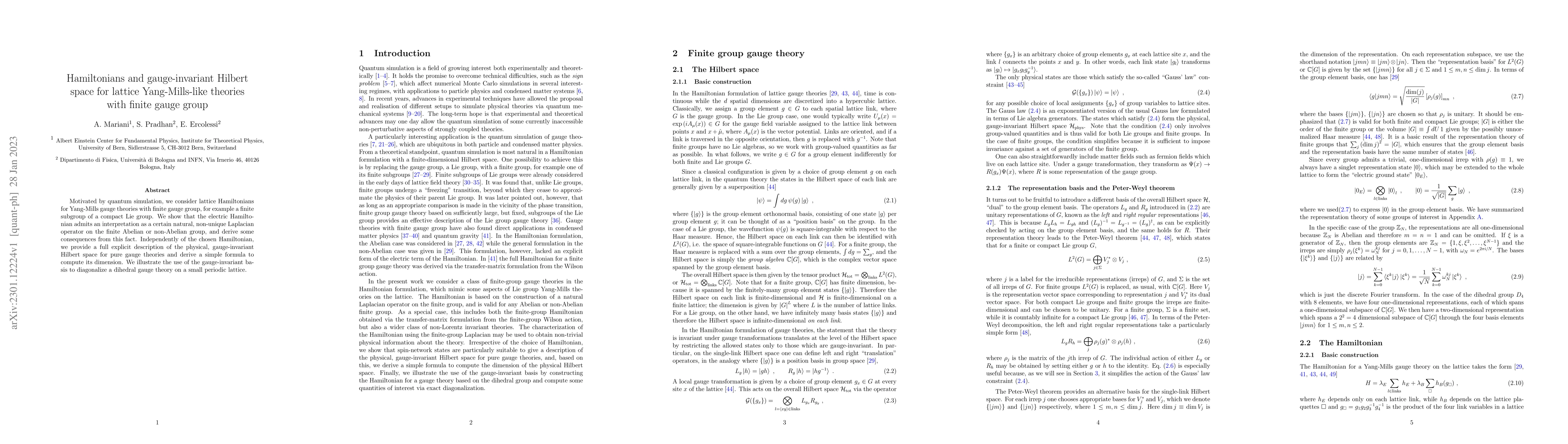 Thumbnail for Hamiltonians and gauge-invariant Hilbert space for lattice
  Yang-Mills-like theories with finite gauge group