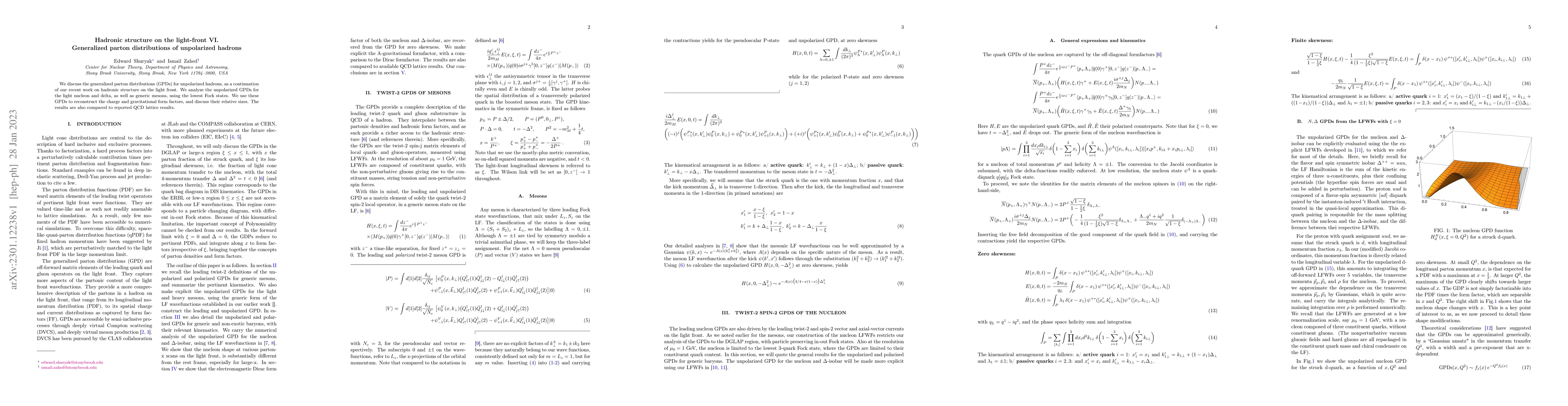 Thumbnail for Hadronic structure on the light-front VI. Generalized parton
  distributions of unpolarized hadrons