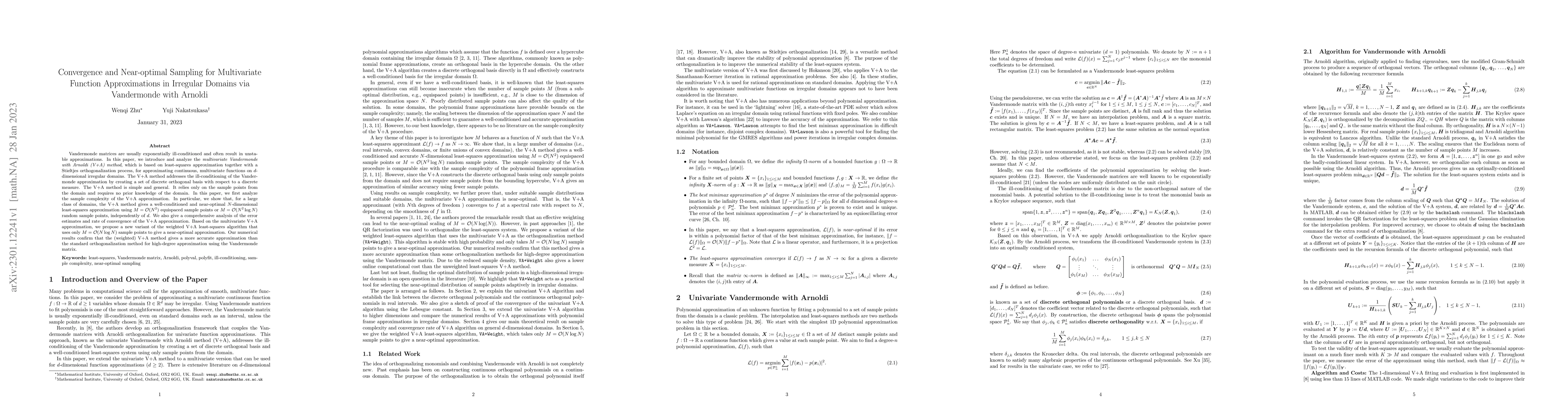 Thumbnail for Convergence and Near-optimal Sampling for Multivariate Function
  Approximations in Irregular Domains via Vandermonde with Arnoldi