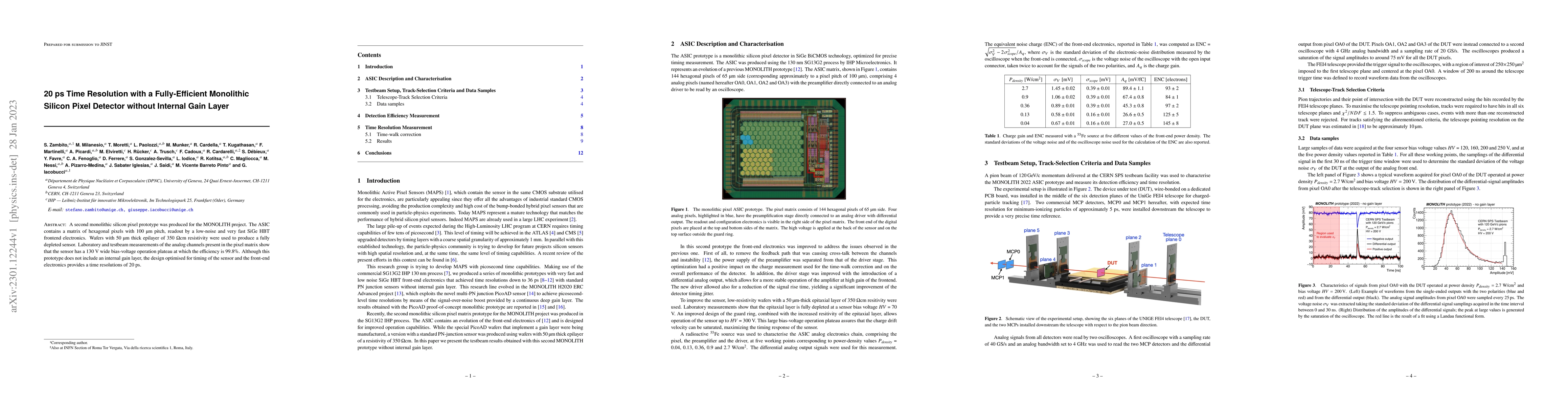 Thumbnail for 20 ps Time Resolution with a Fully-Efficient Monolithic Silicon Pixel
  Detector without Internal Gain Layer