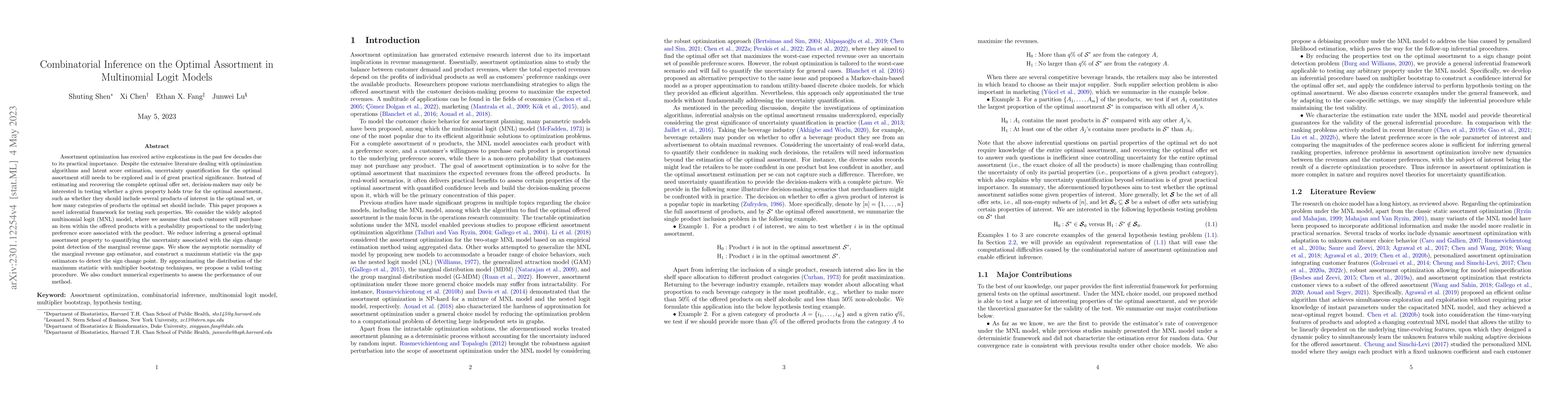 Thumbnail for Combinatorial Inference on the Optimal Assortment in Multinomial Logit
  Models