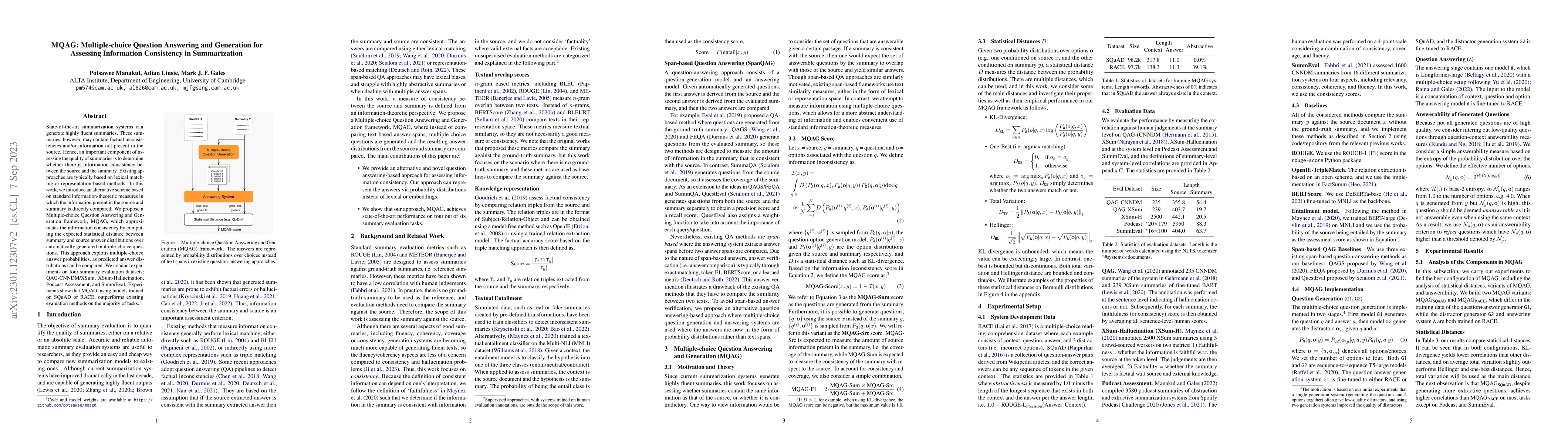 Thumbnail for MQAG: Multiple-choice Question Answering and Generation for Assessing
  Information Consistency in Summarization