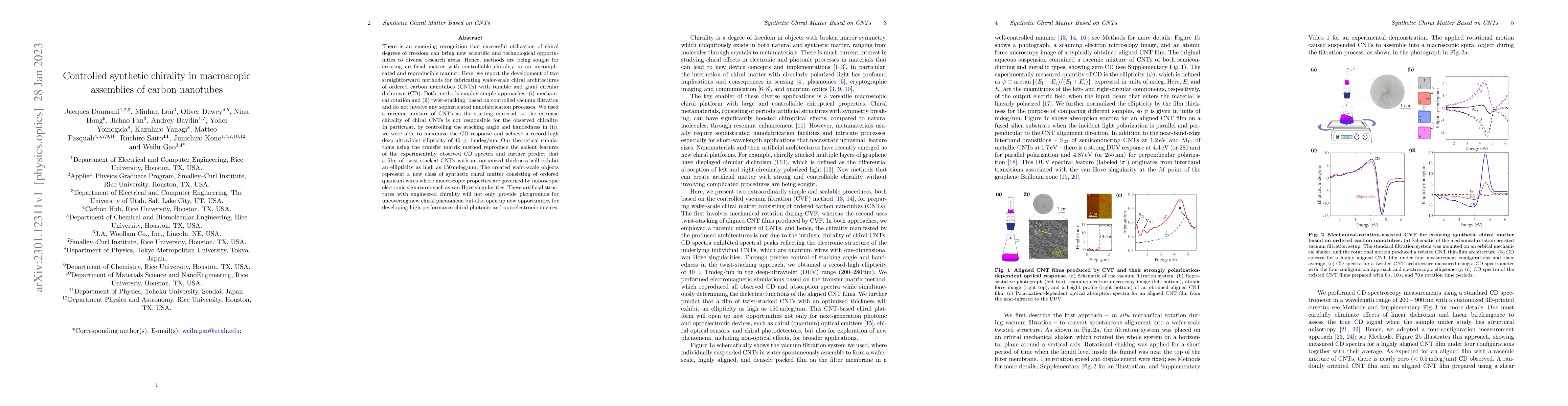 Thumbnail for Controlled synthetic chirality in macroscopic assemblies of carbon
  nanotubes