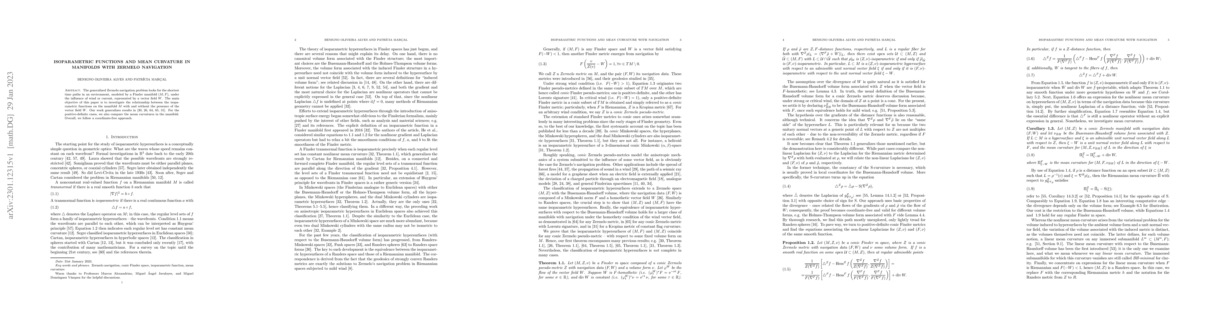 Thumbnail for Isoparametric functions and mean curvature in manifolds with Zermelo
  navigation