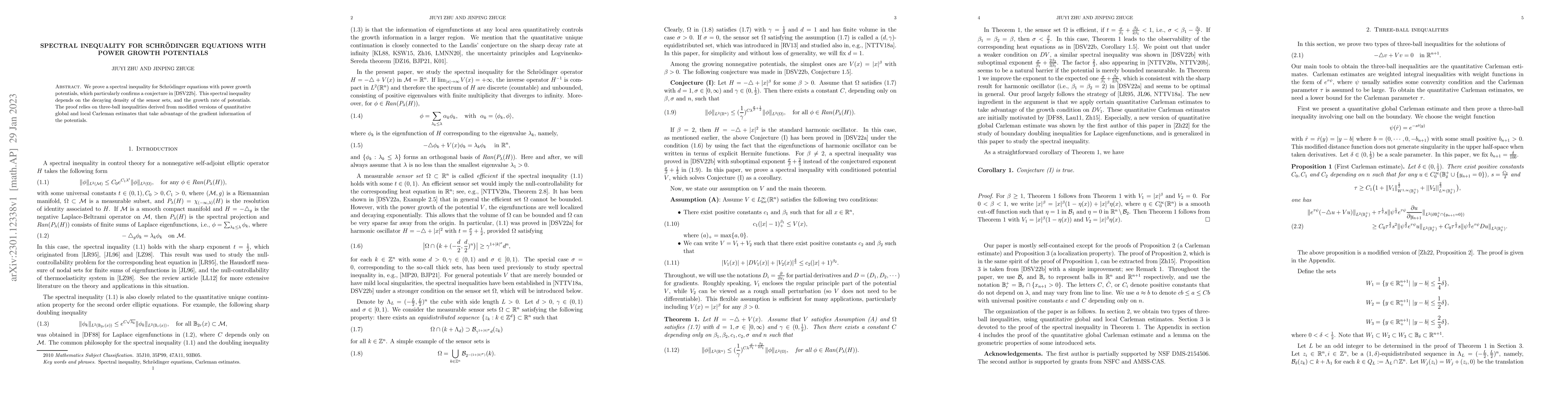 Thumbnail for Spectral inequality for Schr\"odinger equations with power growth
  potentials
