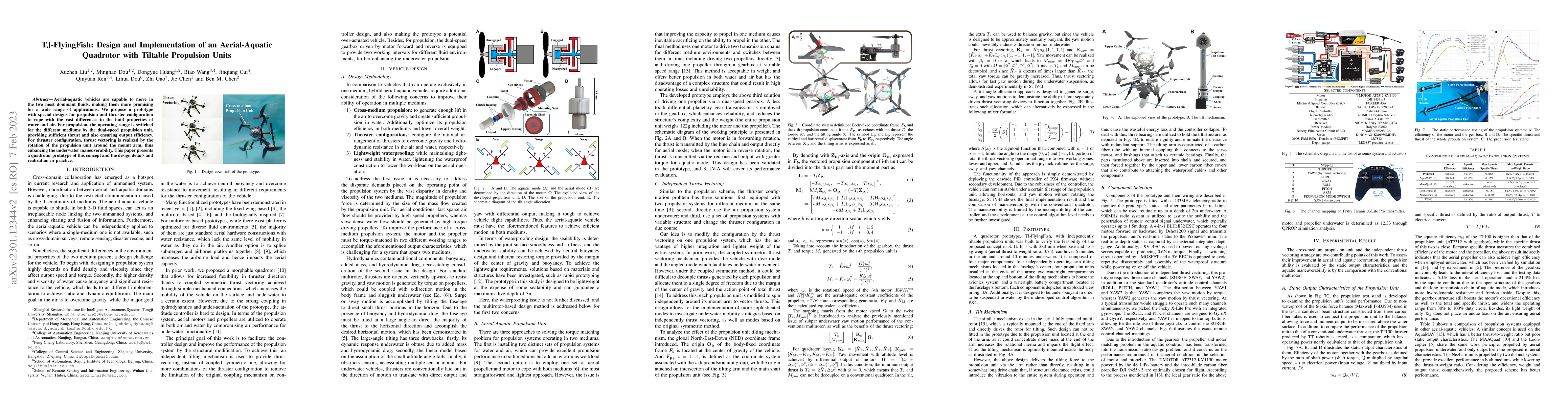 Thumbnail for TJ-FlyingFish: Design and Implementation of an Aerial-Aquatic Quadrotor
  with Tiltable Propulsion Units