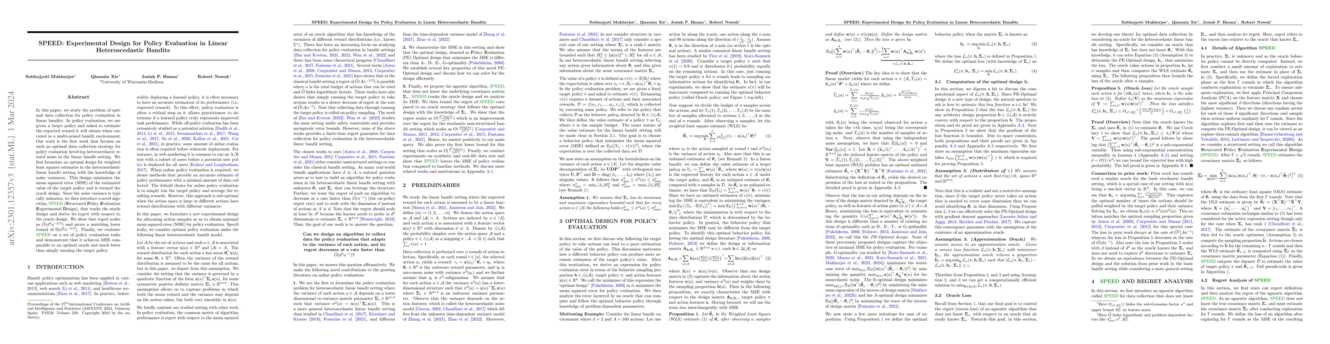 Thumbnail for SPEED: Experimental Design for Policy Evaluation in Linear
  Heteroscedastic Bandits