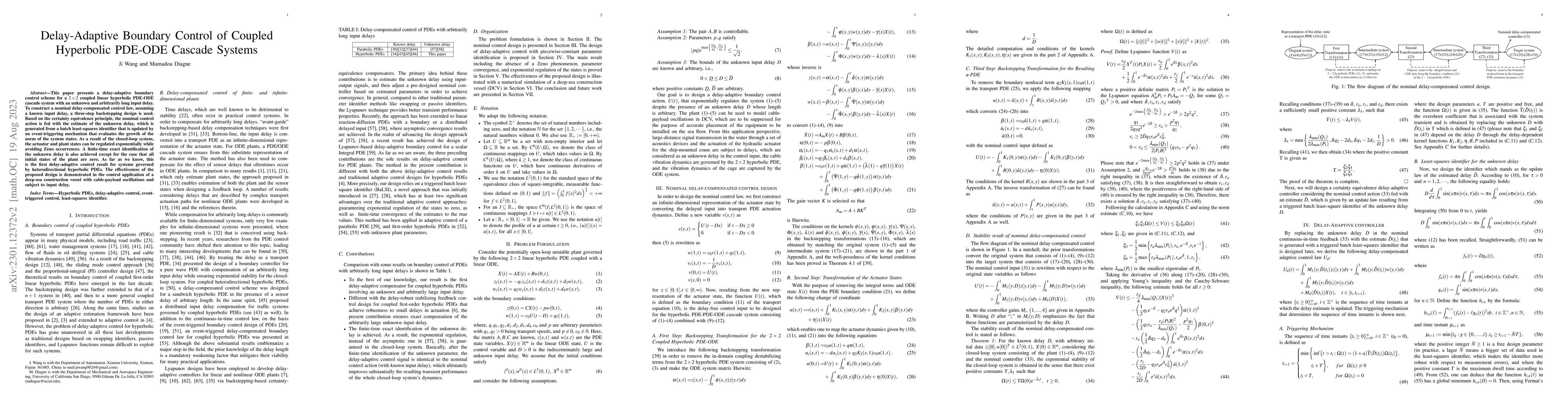 Thumbnail for Delay-Adaptive Boundary Control of Coupled Hyperbolic PDE-ODE Cascade
  Systems