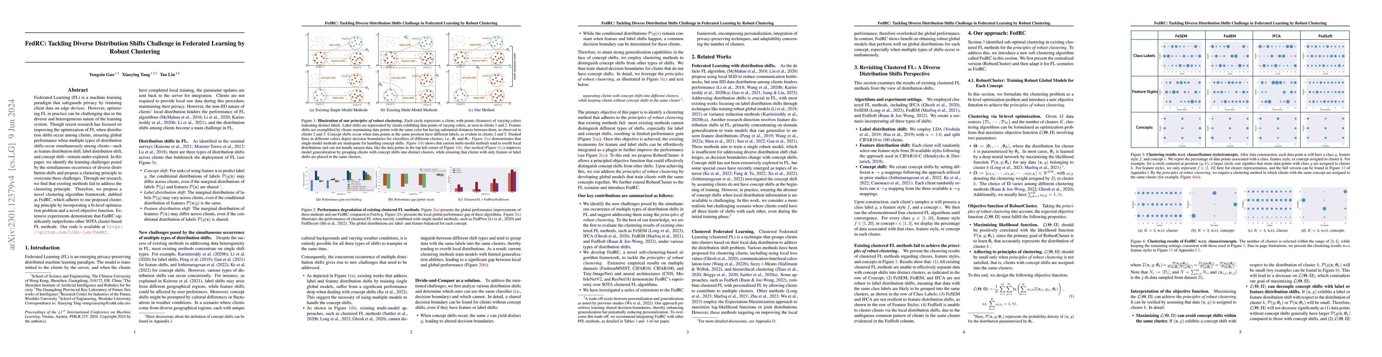 Thumbnail for FedRC: Tackling Diverse Distribution Shifts Challenge in Federated
  Learning by Robust Clustering