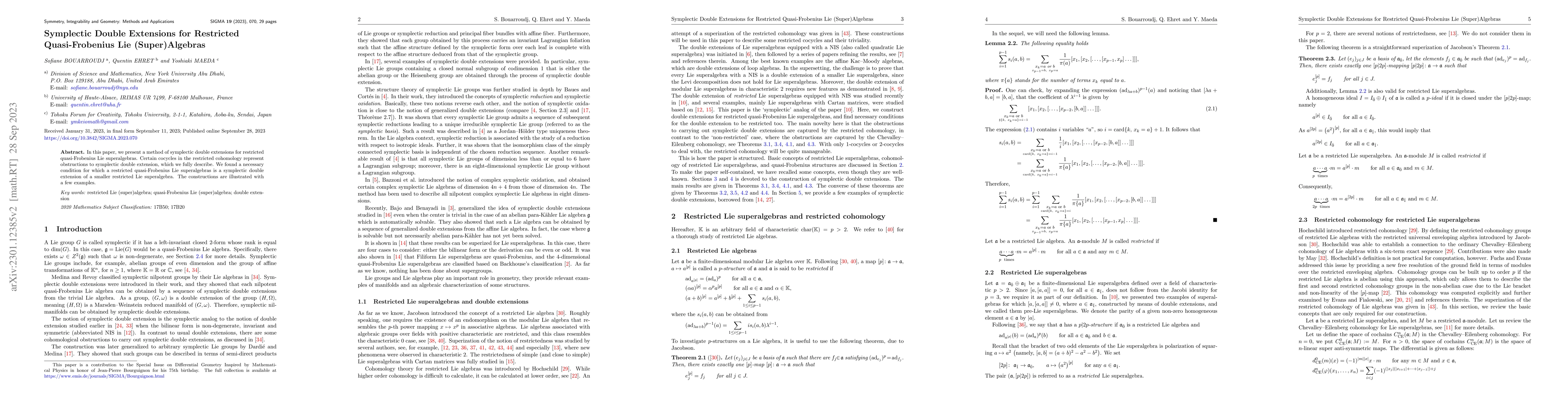 Thumbnail for Symplectic Double Extensions for Restricted Quasi-Frobenius Lie
  (Super)Algebras