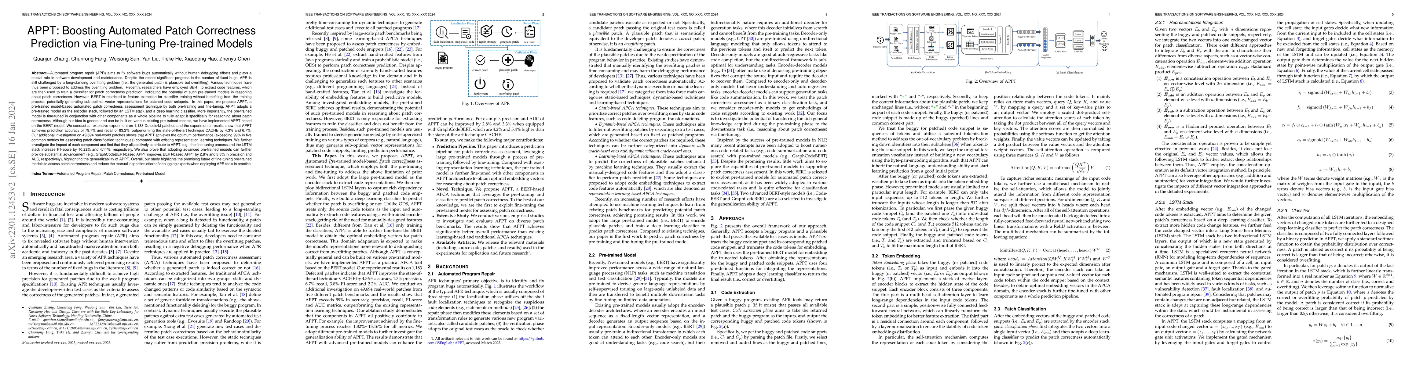 Thumbnail for APPT: Boosting Automated Patch Correctness Prediction via Fine-tuning
  Pre-trained Models