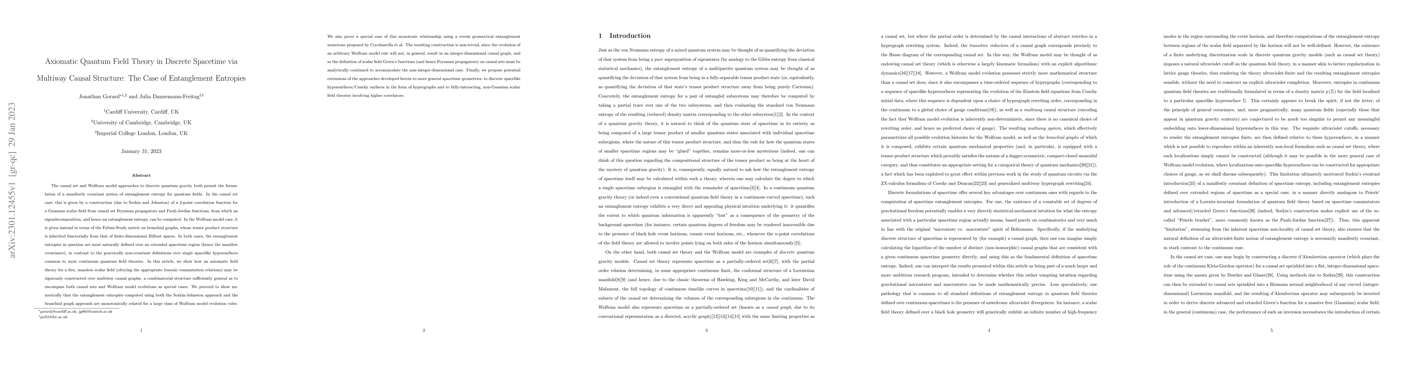 Thumbnail for Axiomatic Quantum Field Theory in Discrete Spacetime via Multiway Causal
  Structure: The Case of Entanglement Entropies