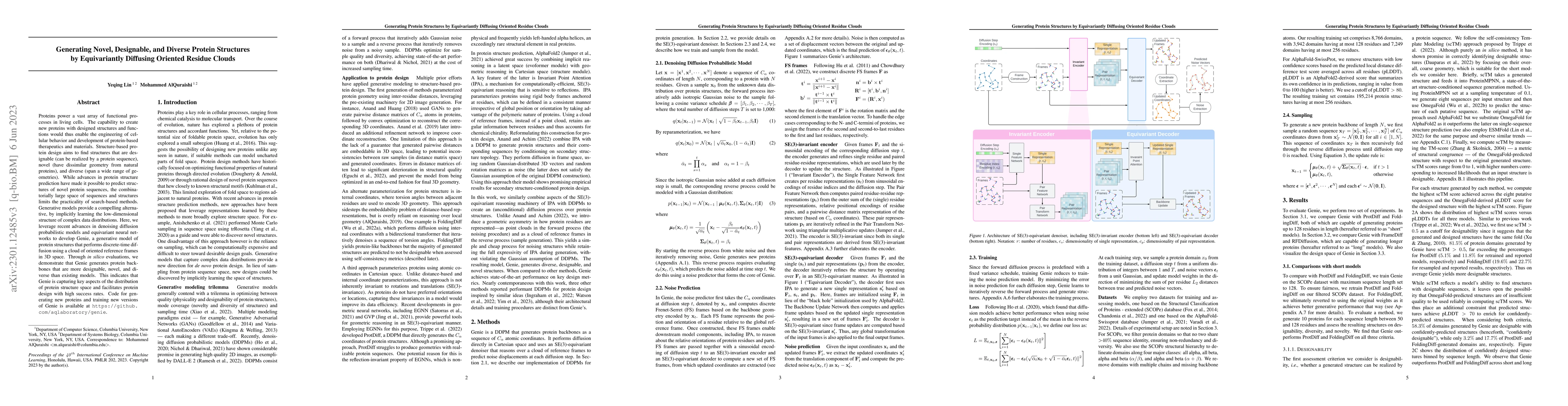 Thumbnail for Generating Novel, Designable, and Diverse Protein Structures by
  Equivariantly Diffusing Oriented Residue Clouds
