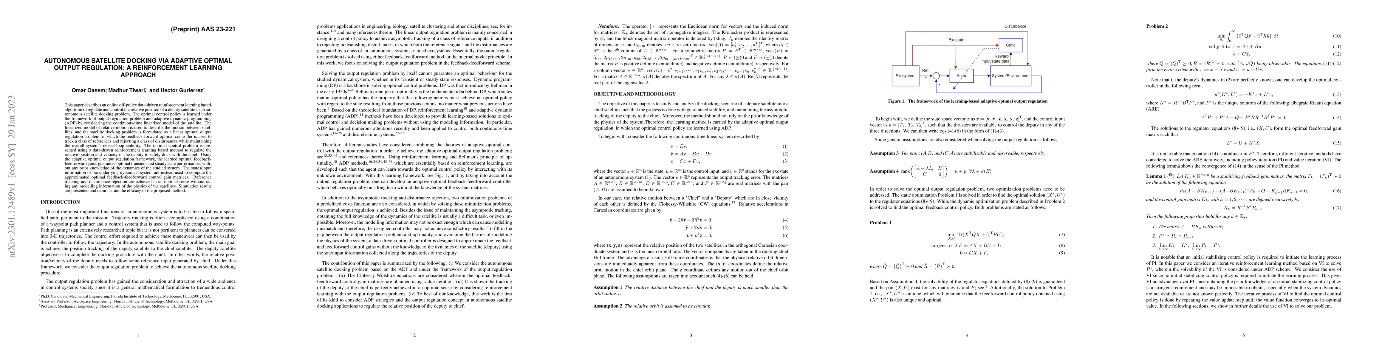 Thumbnail for Autonomous Satellite Docking via Adaptive Optimal Output Regulation: A
  Reinforcement Learning Approach