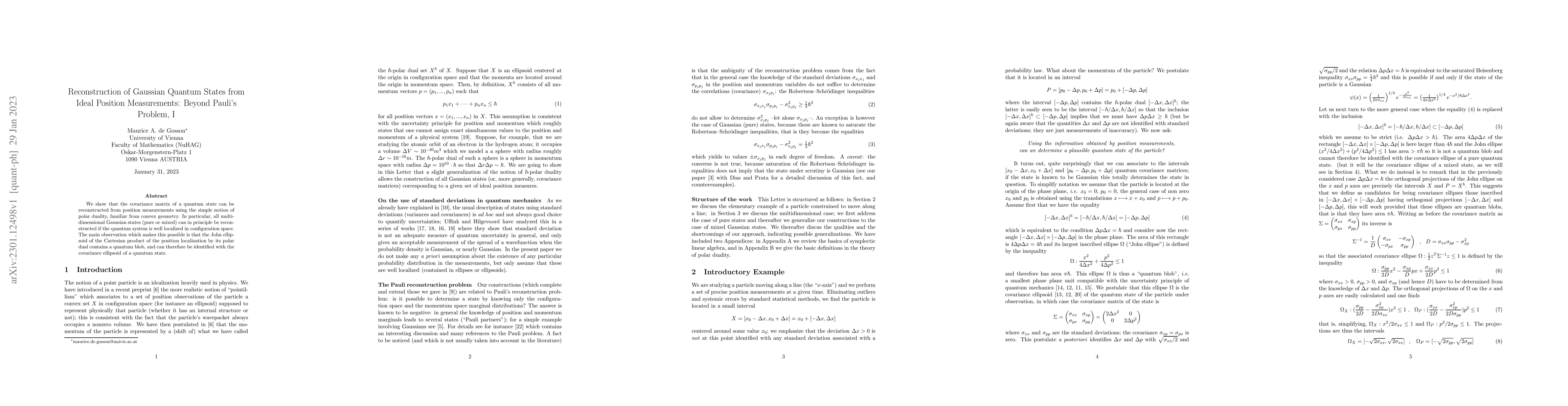 Thumbnail for Reconstruction of Gaussian Quantum States from Ideal Position
  Measurements: Beyond Pauli's Problem, I