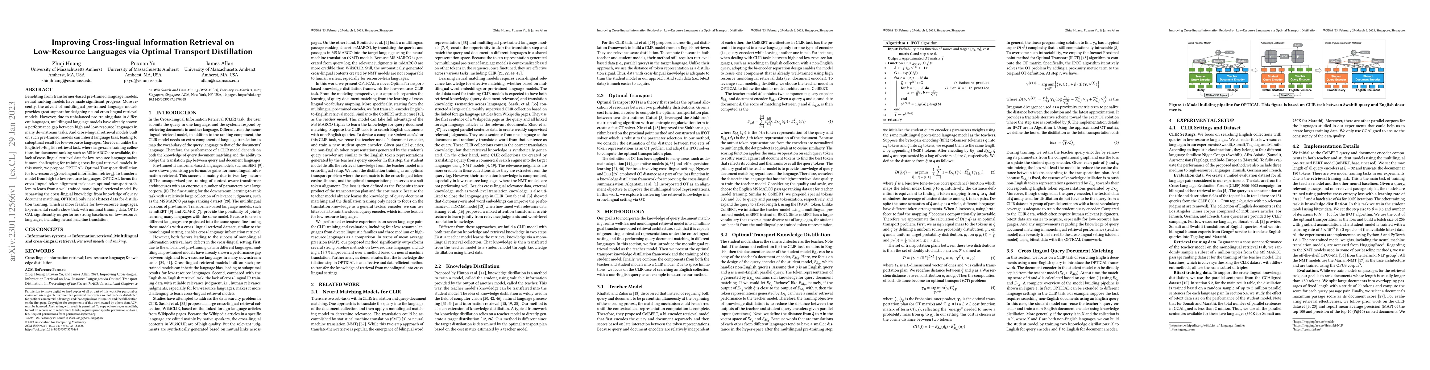 Thumbnail for Improving Cross-lingual Information Retrieval on Low-Resource Languages
  via Optimal Transport Distillation