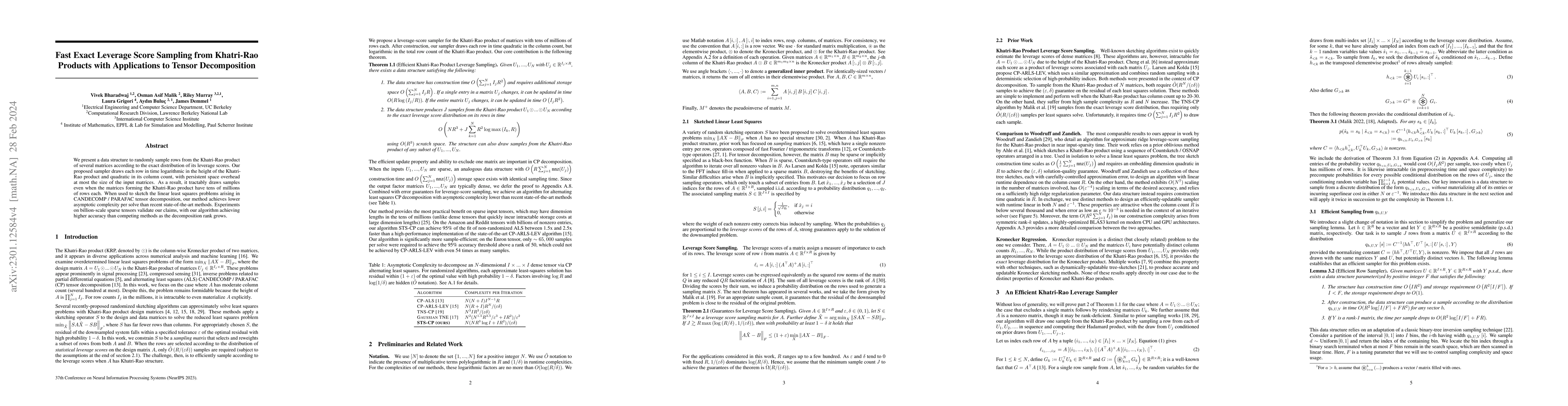Thumbnail for Fast Exact Leverage Score Sampling from Khatri-Rao Products with
  Applications to Tensor Decomposition