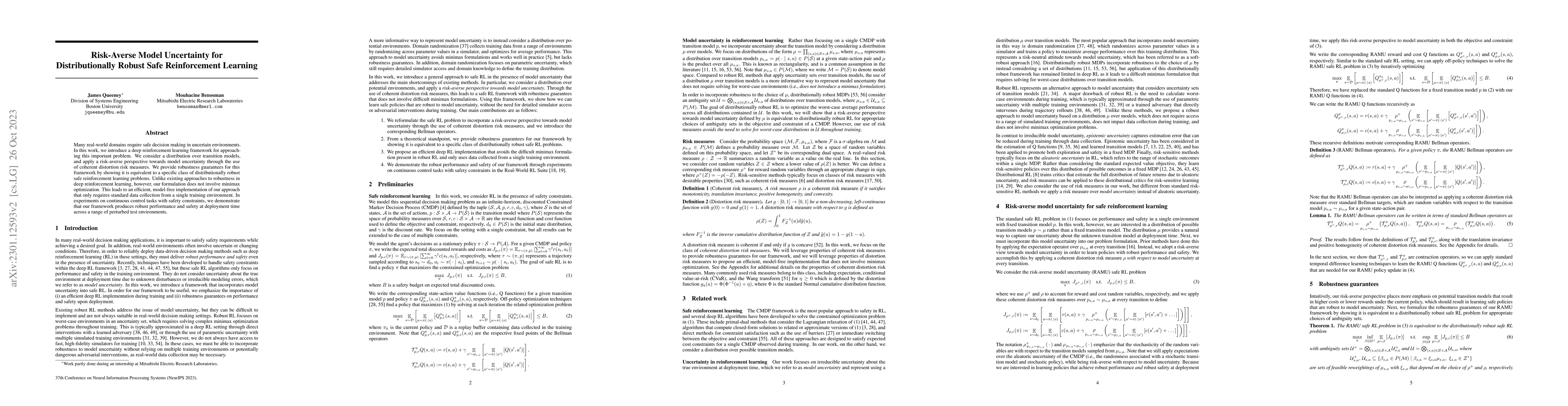 Thumbnail for Risk-Averse Model Uncertainty for Distributionally Robust Safe
  Reinforcement Learning