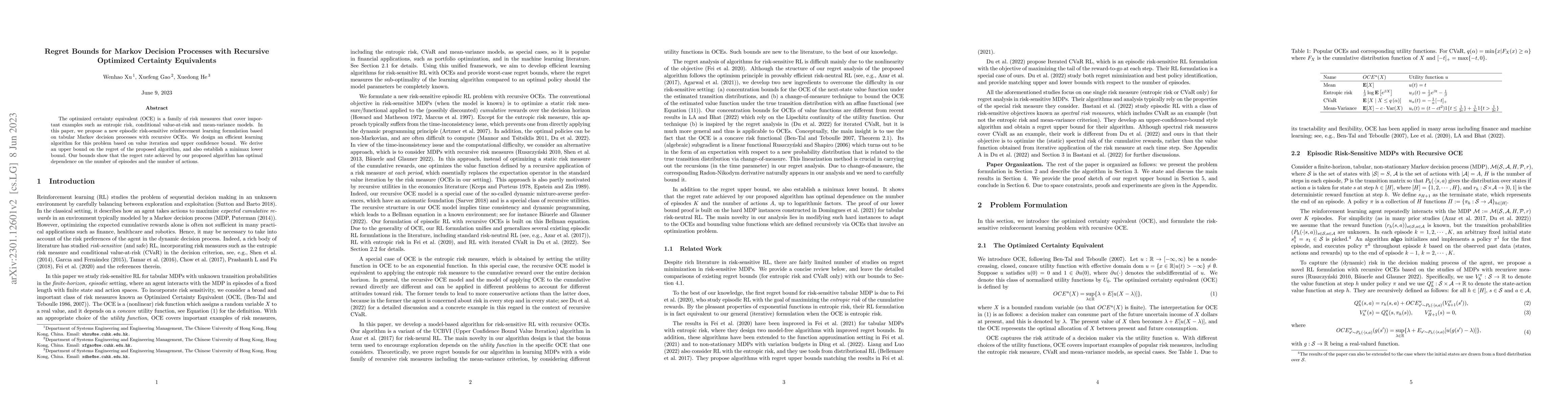 Thumbnail for Regret Bounds for Markov Decision Processes with Recursive Optimized
  Certainty Equivalents