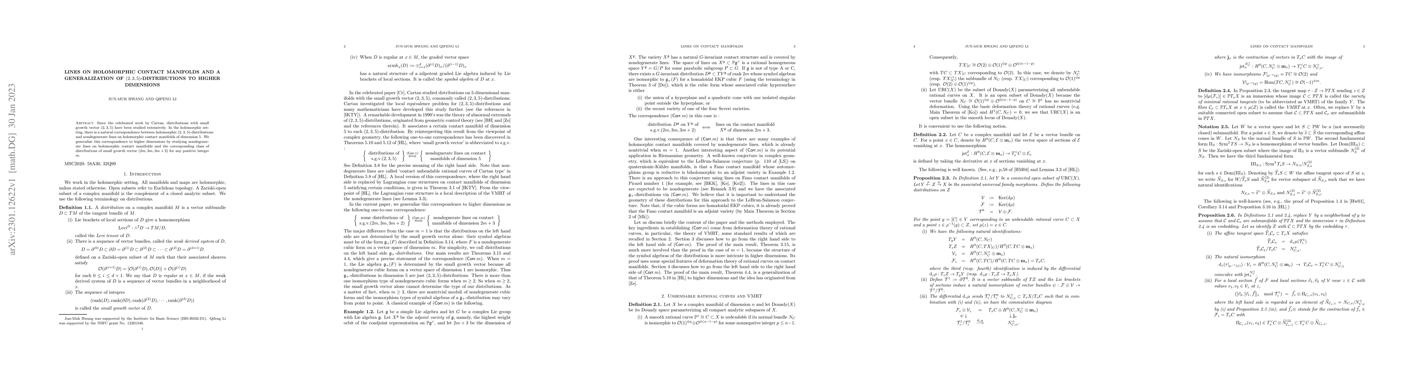 Thumbnail for Lines on holomorphic contact manifolds and a generalization of
  $(2,3,5)$-distributions to higher dimensions