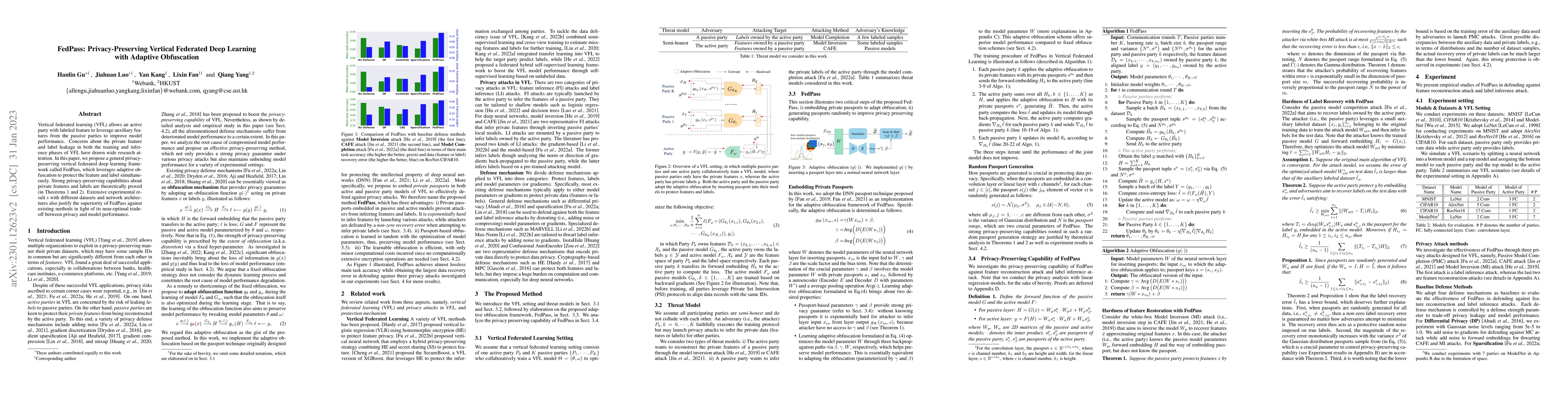 Thumbnail for FedPass: Privacy-Preserving Vertical Federated Deep Learning with
  Adaptive Obfuscation