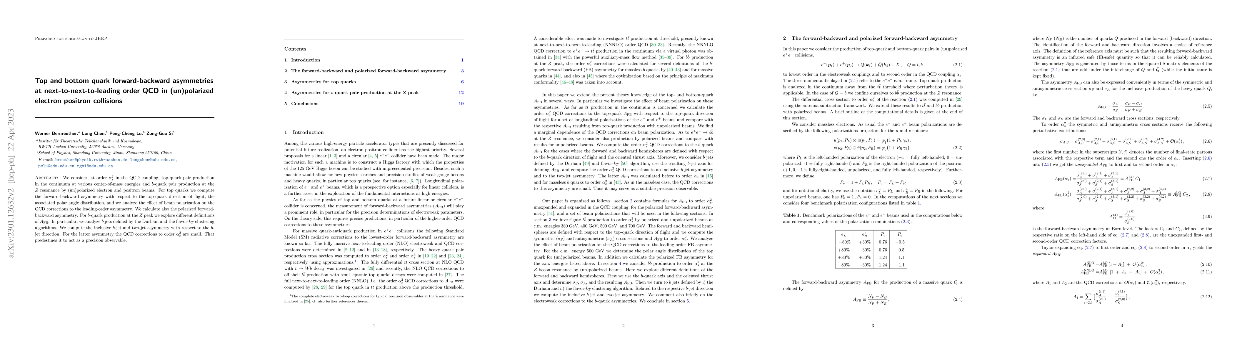 Thumbnail for Top and bottom quark forward-backward asymmetries at
  next-to-next-to-leading order QCD in (un)polarized electron positron
  collisions