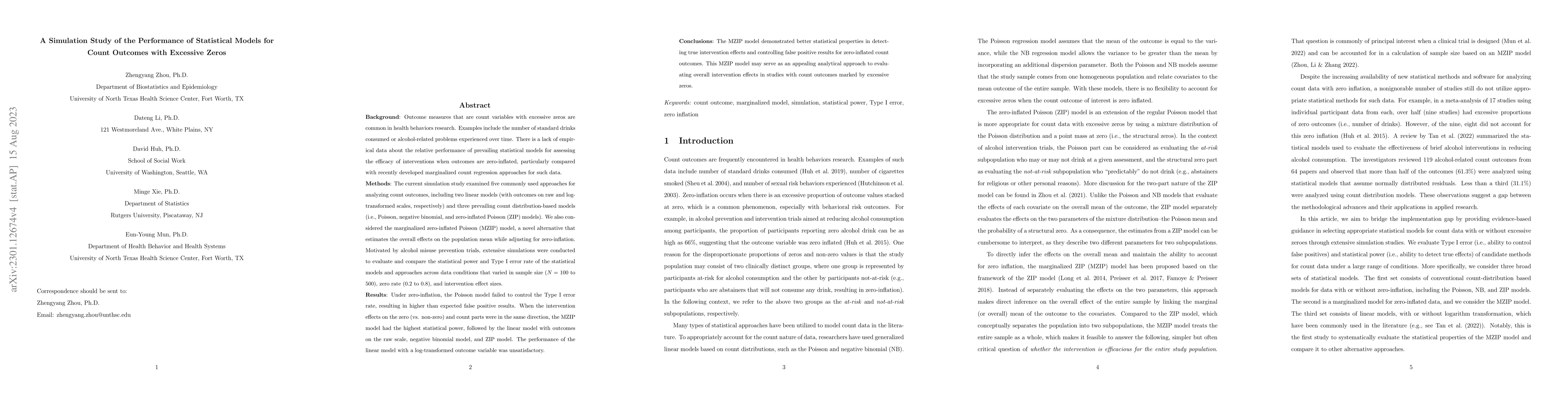 Thumbnail for A Simulation Study of the Performance of Statistical Models for Count
  Outcomes with Excessive Zeros
