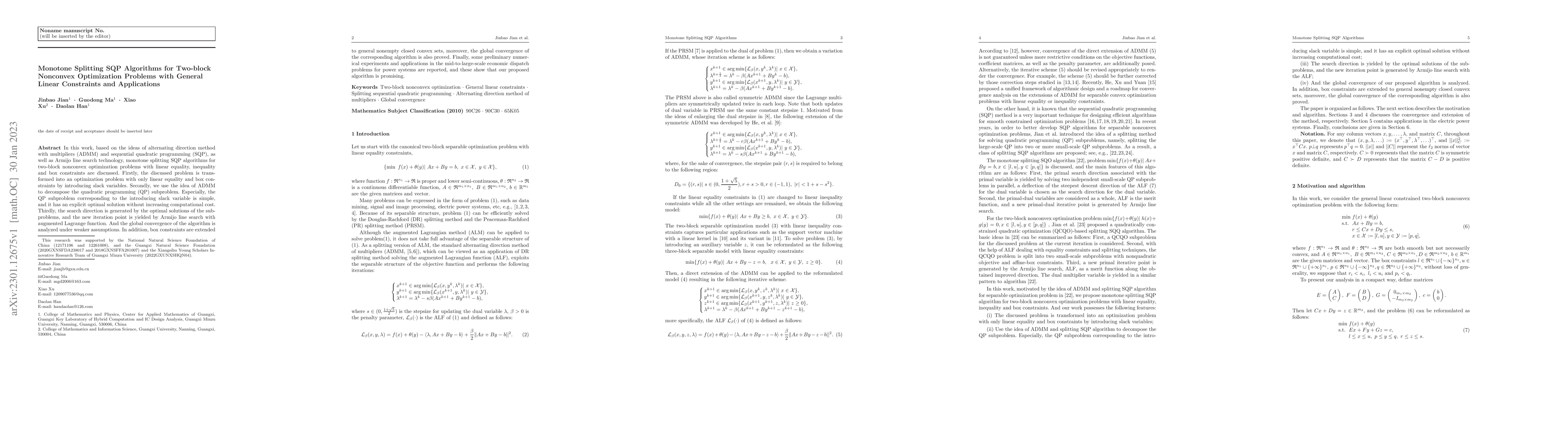Thumbnail for Monotone Splitting SQP Algorithms for Two-block Nonconvex Optimization
  Problems with General Linear Constraints and Applications