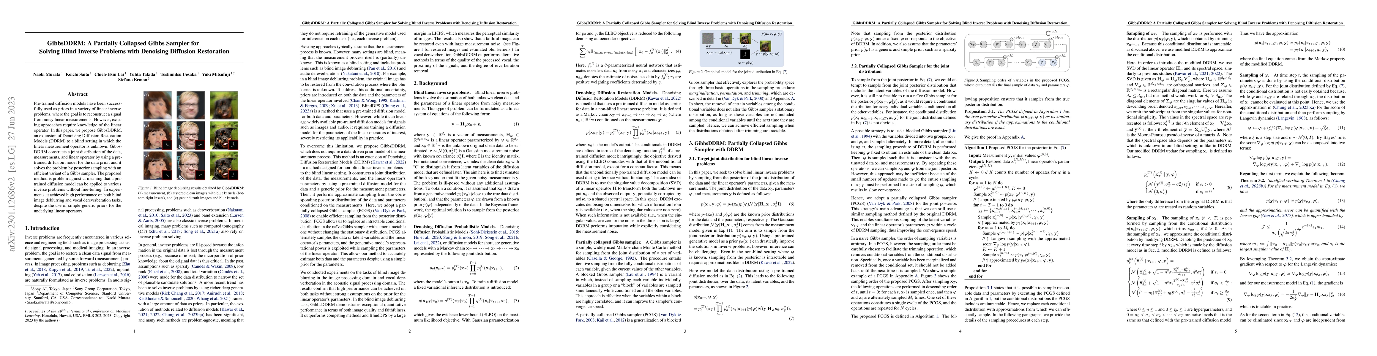 Thumbnail for GibbsDDRM: A Partially Collapsed Gibbs Sampler for Solving Blind Inverse
  Problems with Denoising Diffusion Restoration