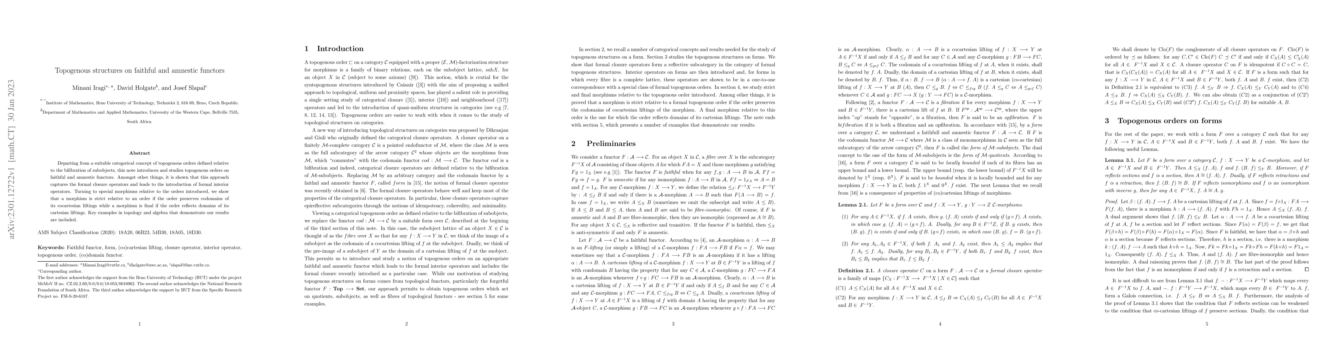 Thumbnail for Topogenous structures on faithful and amnestic functors