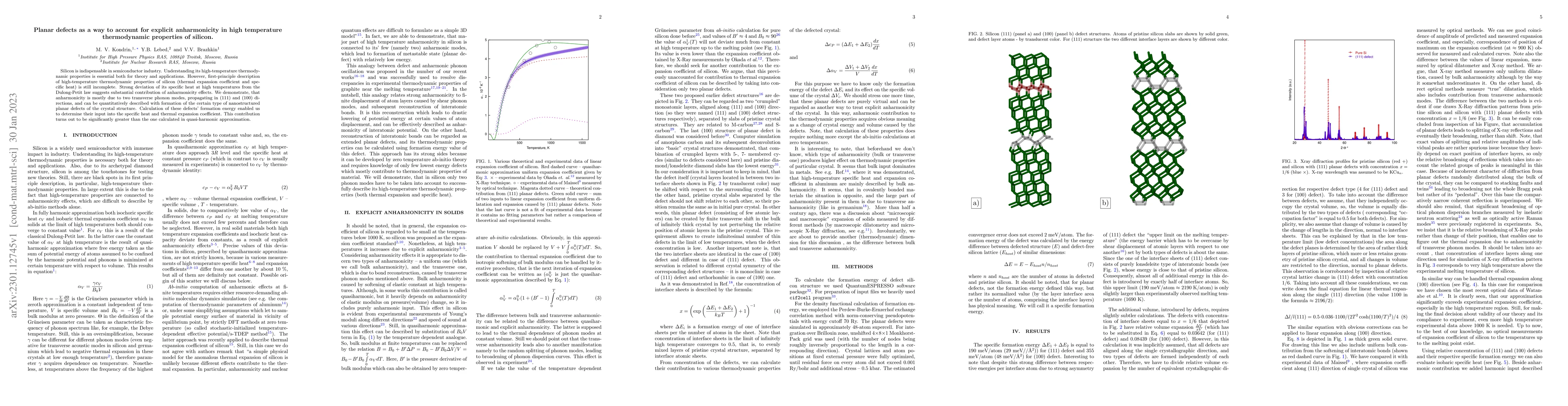 Thumbnail for Planar defects as a way to account for explicit anharmonicity in high
  temperature thermodynamic properties of silicon