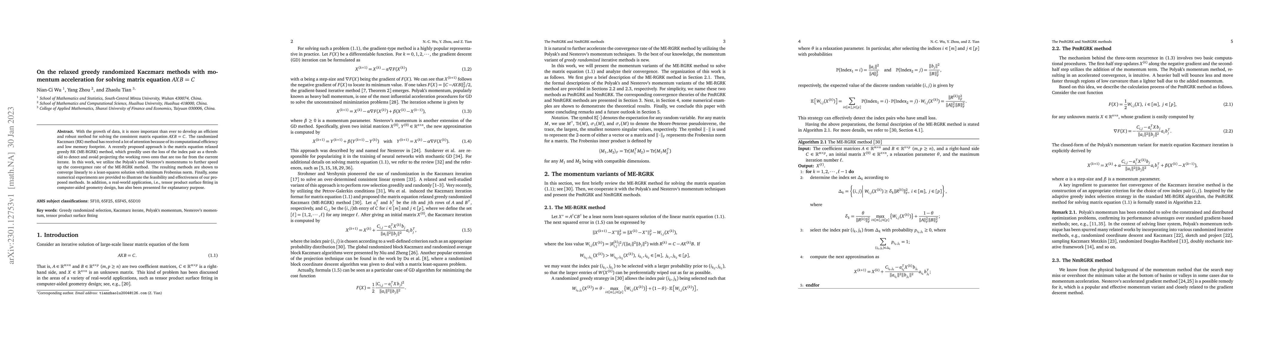 Thumbnail for On the relaxed greedy randomized Kaczmarz methods with momentum
  acceleration for solving matrix equation AXB=C
