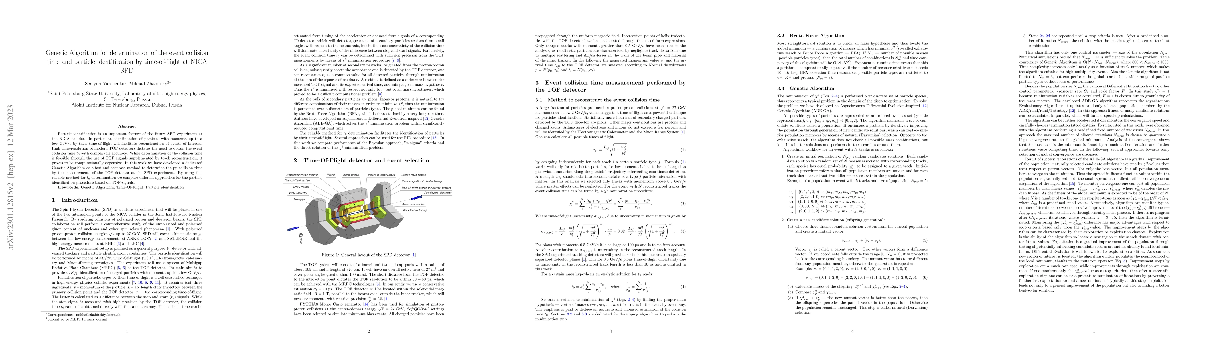 Thumbnail for Genetic Algorithm for determination of the event collision time and
  particle identification by time-of-flight at NICA SPD