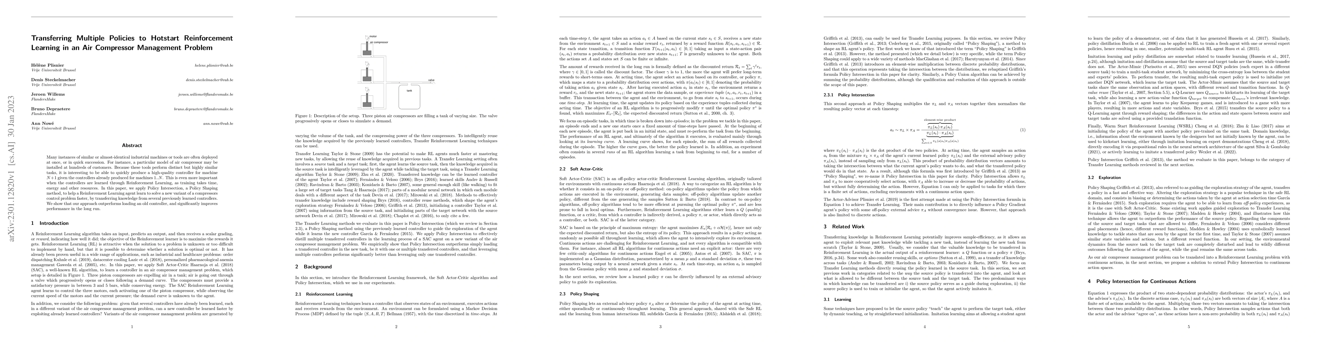 Thumbnail for Transferring Multiple Policies to Hotstart Reinforcement Learning in an
  Air Compressor Management Problem
