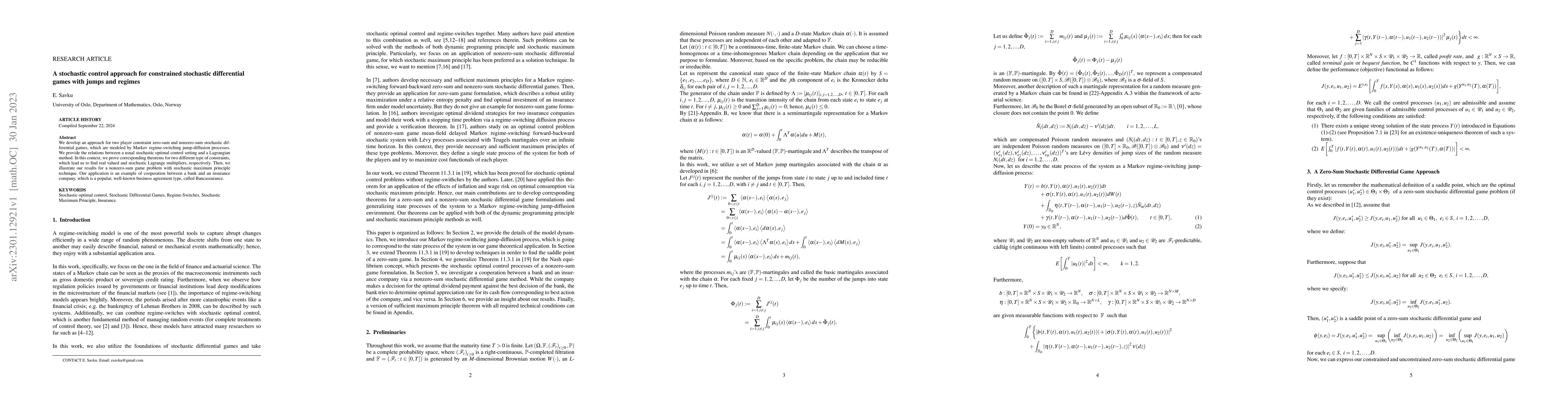Thumbnail for A stochastic control approach for constrained stochastic differential
  games with jumps and regimes