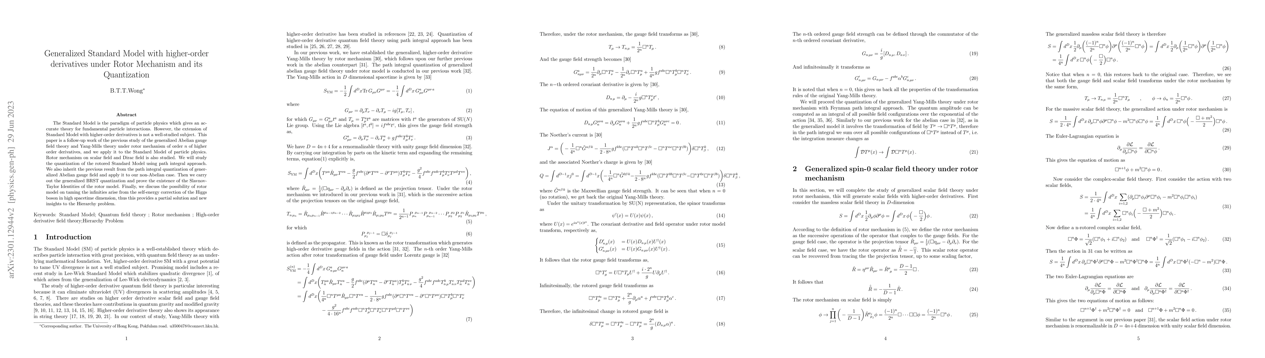 Thumbnail for Generalized Standard Model with higher-order derivatives under Rotor
  Mechanism and its Quantization