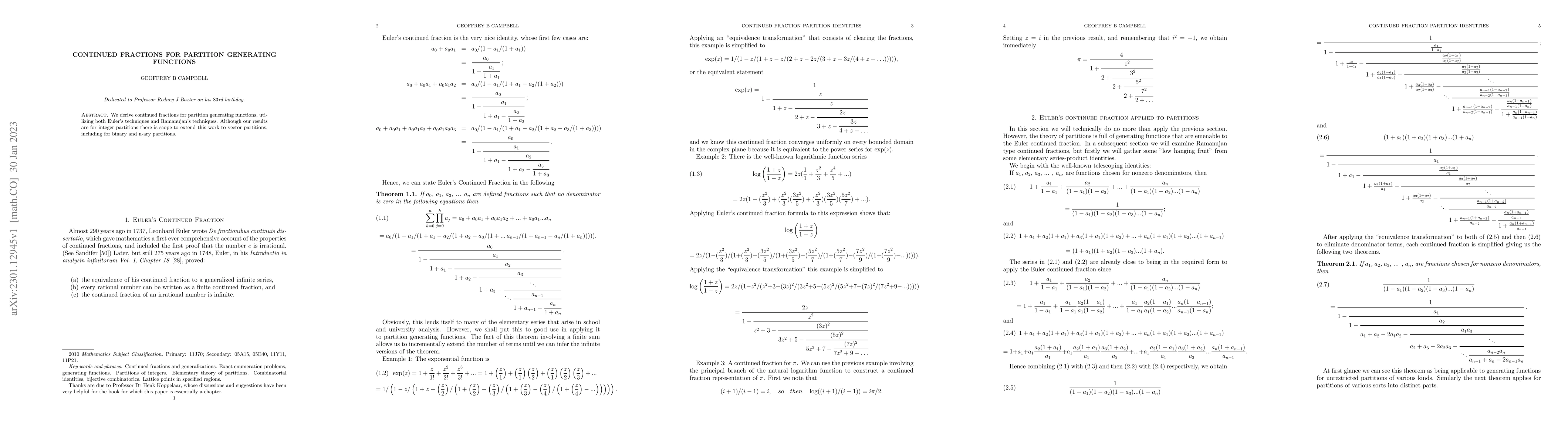 Thumbnail for Continued Fractions for partition generating functions