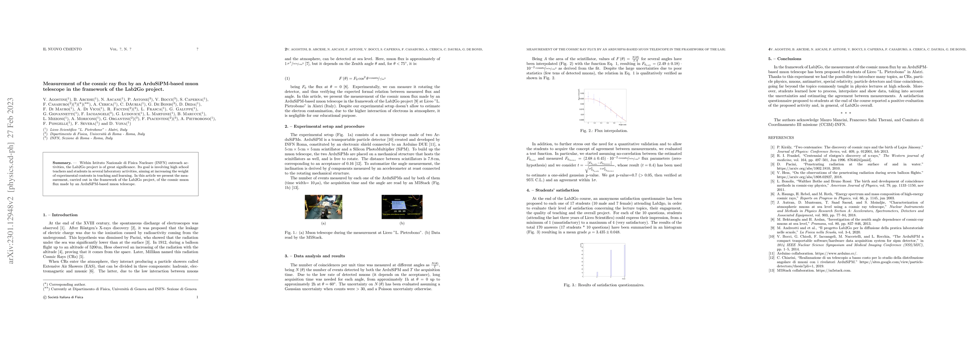 Thumbnail for Measurement of the cosmic ray flux by an ArduSiPM-based muon telescope
  in the framework of the Lab2Go project