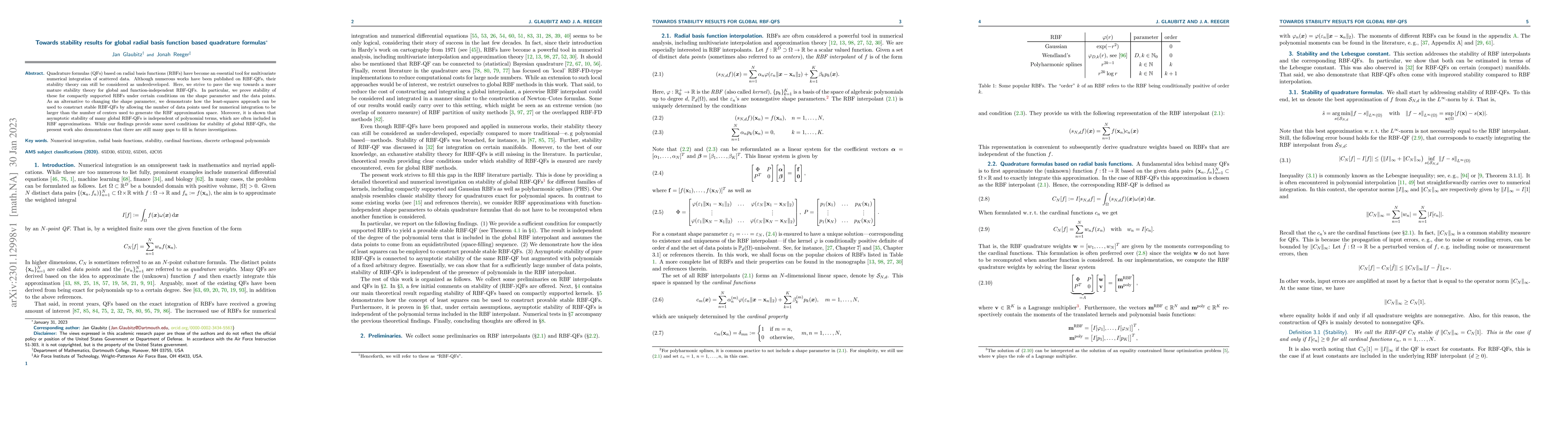 Thumbnail for Towards stability results for global radial basis function based
  quadrature formulas