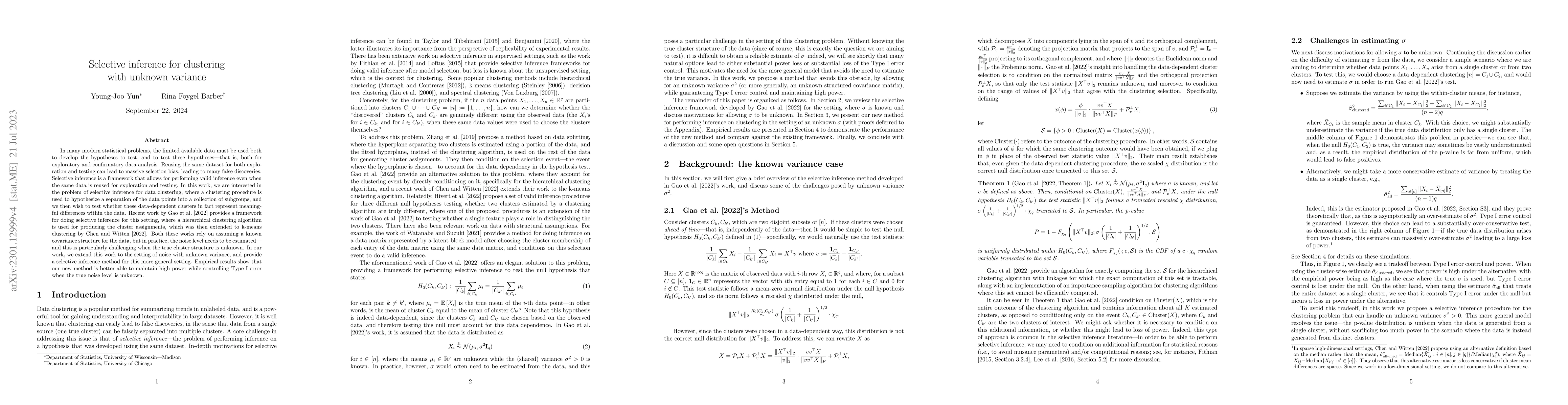 Thumbnail for Selective inference for clustering with unknown variance