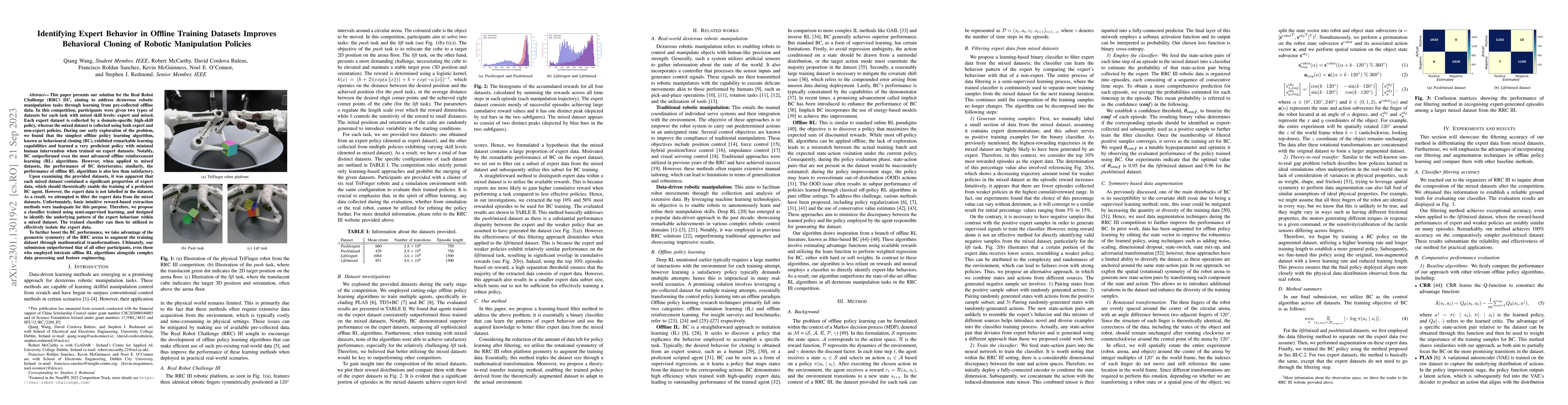 Thumbnail for Identifying Expert Behavior in Offline Training Datasets Improves
  Behavioral Cloning of Robotic Manipulation Policies