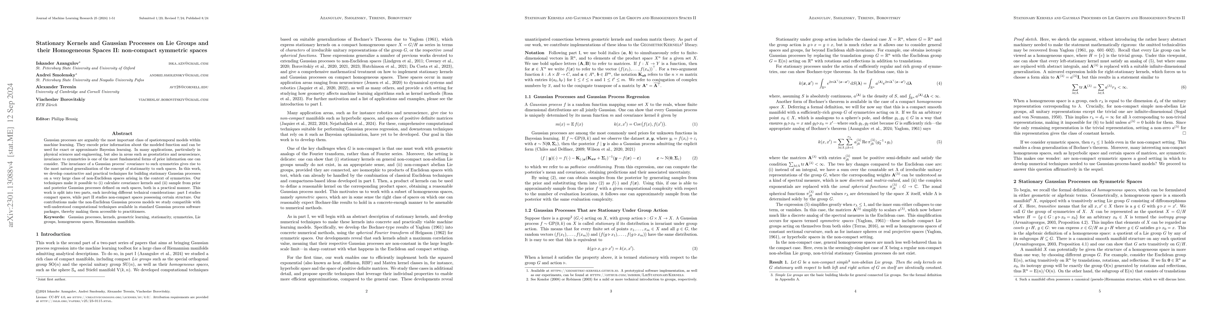 Thumbnail for Stationary Kernels and Gaussian Processes on Lie Groups and their
  Homogeneous Spaces II: non-compact symmetric spaces