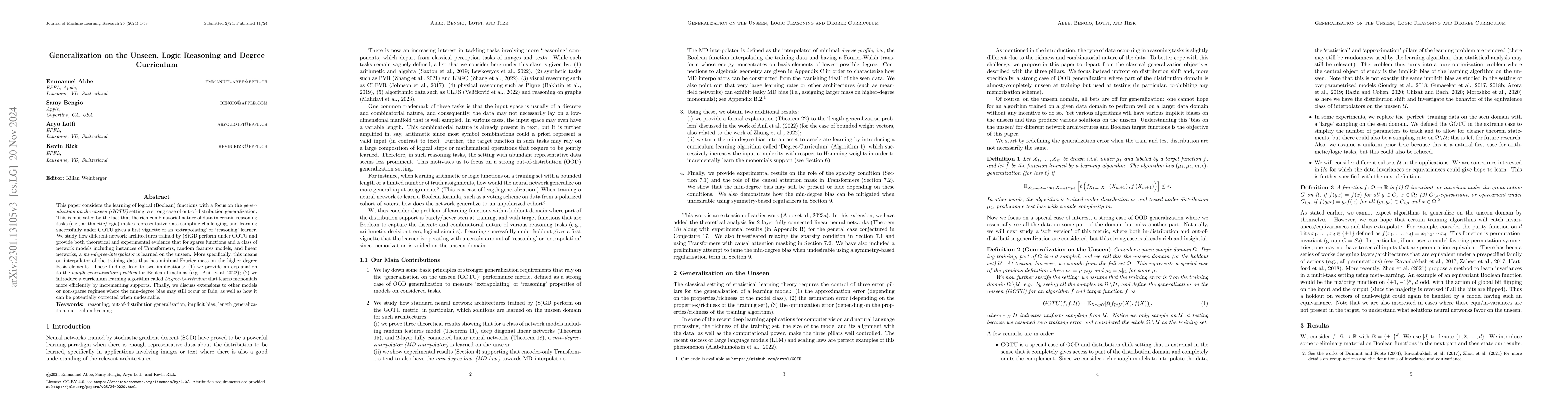 Thumbnail for Generalization on the Unseen, Logic Reasoning and Degree Curriculum