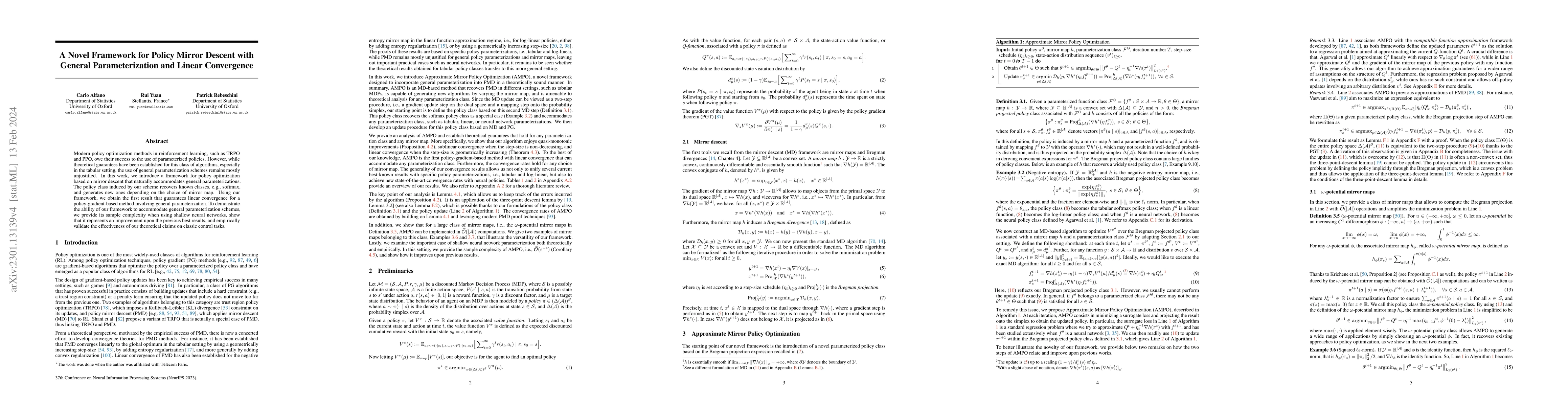 Thumbnail for A Novel Framework for Policy Mirror Descent with General
  Parameterization and Linear Convergence