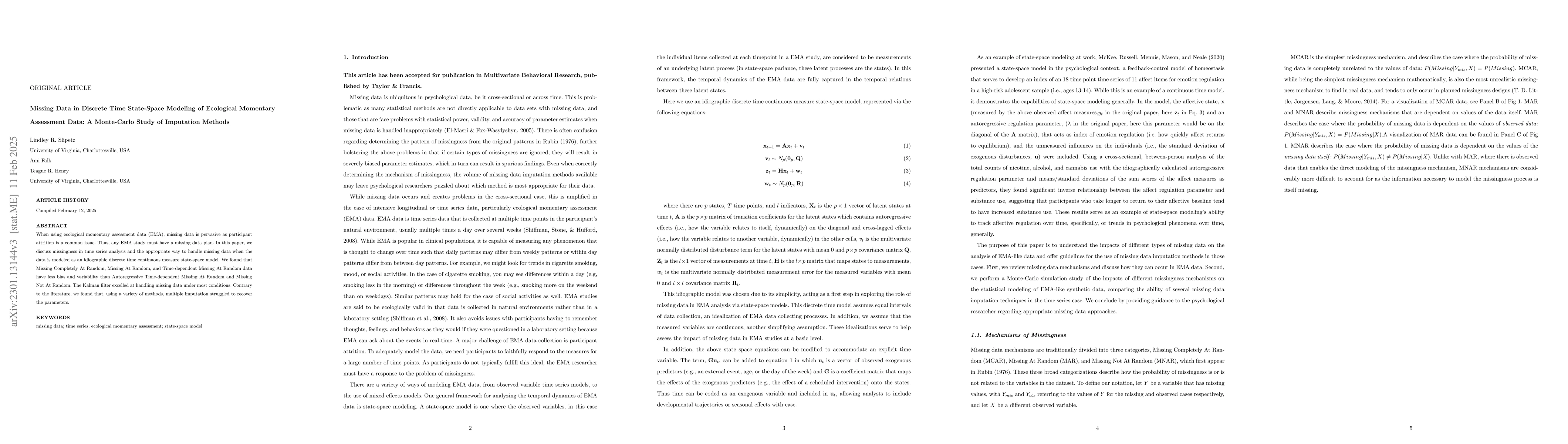 Thumbnail for Missing Data in Discrete Time State-Space Modeling of Ecological
  Momentary Assessment Data: A Monte-Carlo Study of Imputation Methods